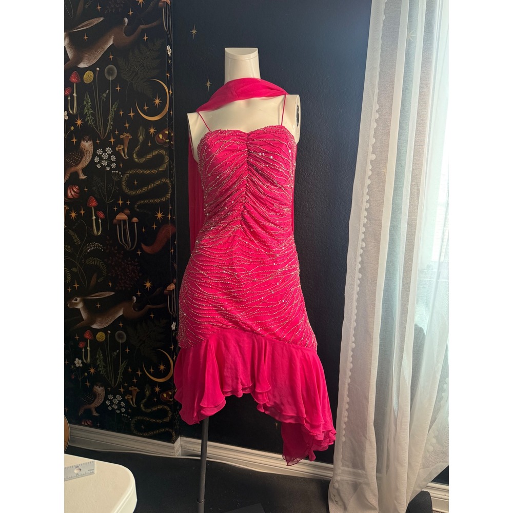 Scala Hot Pink Silk Beaded Sequin High Low Formal Dress with Scarf Size M